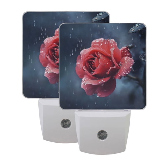 LED Sensor Night Light Dusk to Dawn Auto ON & Off, Plug-in Red Roses Blooming in The Rain