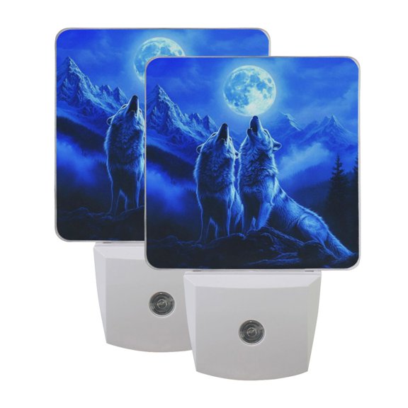 LED Sensor Night Light Dusk to Dawn Auto ON & Off, Plug-in Two Howling Wolves