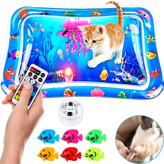 LED Sensory Water Play Mat for Cats & Small Dogs, Inflatable Water-Filled Interactive Pet Toy with Remote Control Light and Swimming Fish, Summer Cooling Play Pad