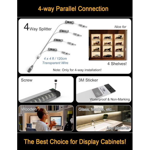 LED Under Shelf Lights 4-Way Parallel Light Bar 12-Panel Cabinet Lighting 6500K 5400Lm Counter Lights with Slack- Wiring for Spacious 4-Layer Showcase Bookcase Storage Rack