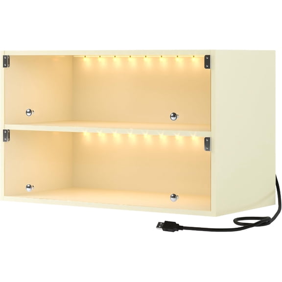 LED Shoe Storage Box, 2-Tier Beige Wood Stackable Shoe Box with Clear Door and App Control, Display Sneakers Organizer Box with USB Interface and Music Playback