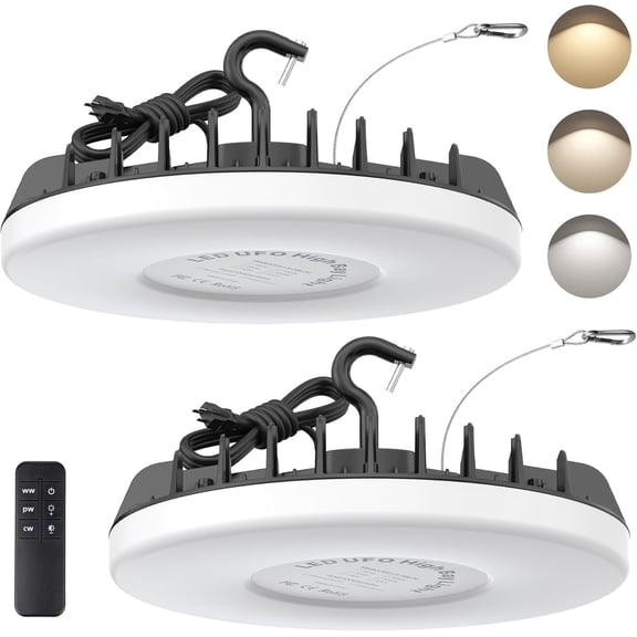 LED Shop Lights 200W - 24000LM UFO LED High Bay Light with 3 CCT Adjustable, 10%- Dimmable Remote Control IP65 Garage Lighting for Workshop, 2 Packs