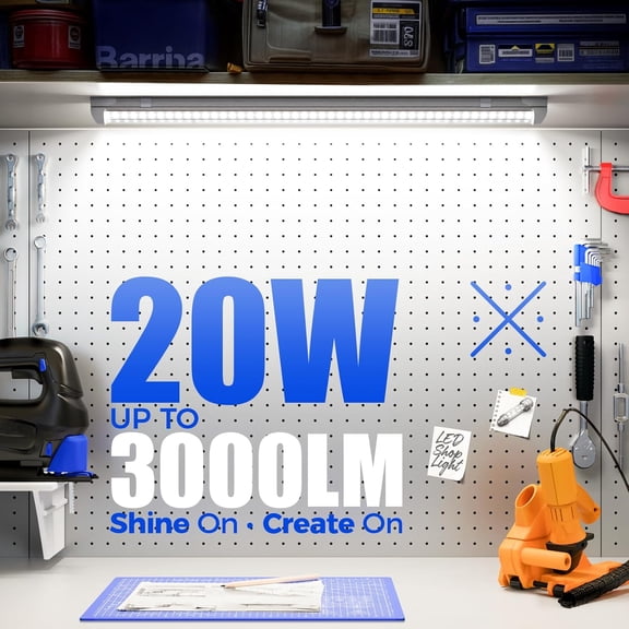 LED Shop Lights 2FT, 20W 3000LM 5000K, T8 LED Light Fixture, Clear Cover, Ceiling and Utility Shop Light, Linkable Tube Lights for Room, Garage, Workbench, Warehouse, 2 Packs