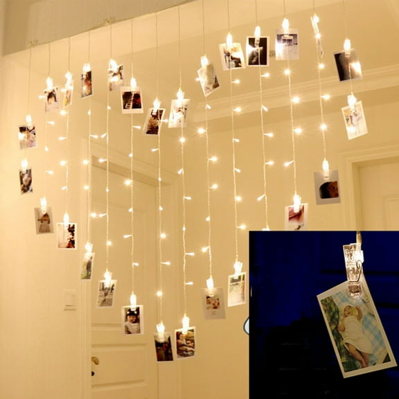 LED Short Curtain String Lights with 14 Photo Clips | 200x150cm White PVC Holiday Decoration for Bedroom Wall Party Indoor Outdoor