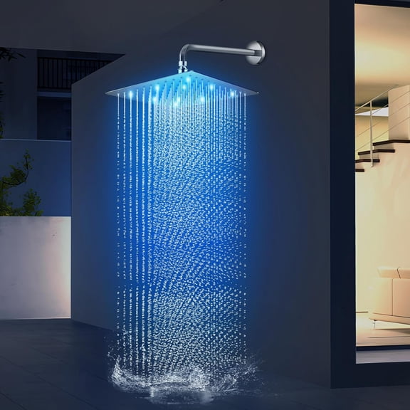 LED Shower  12 Inch Large Light  with Color Changing Lights and 360 Adjustable Brass Ball Joint High Pressure Rainfall Square Fixed Stainless Steel