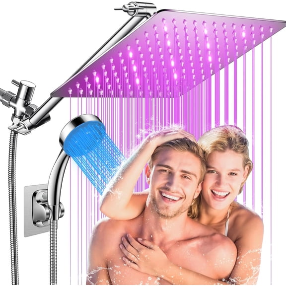 LED Shower Head, 12’’ LED Shower Head with Color Changing Lights, High Pressure Rainfall Shower Head Combo, Chrome Stainless Steel & 11’’ Flexible Curved Arm, 60’’ Hose