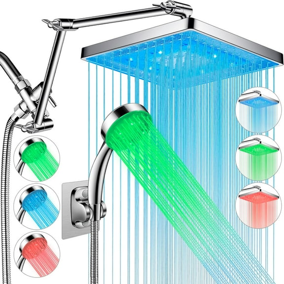 LED Shower Head, 8'' Large LED Rainfall Shower Head with 16'' Adjustable Upgraded Extension Arm,High Pressure Handheld Spray with LED Color Changing Based on Water Temperature,Easy Installation