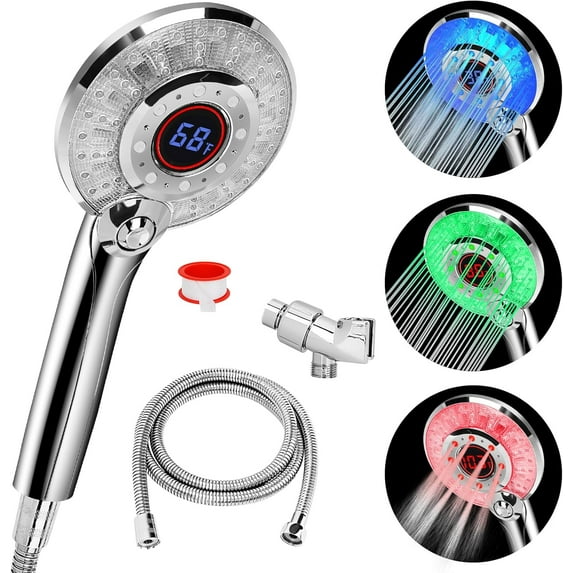 LED Shower Head Color Changing, Handheld Shower Head High Pressure with Hose, Water Saving Spray Showerheads, Discoloration Warning, Water Temperature Display, 3 Spray Modes, Easy to Install, ‎Chrome