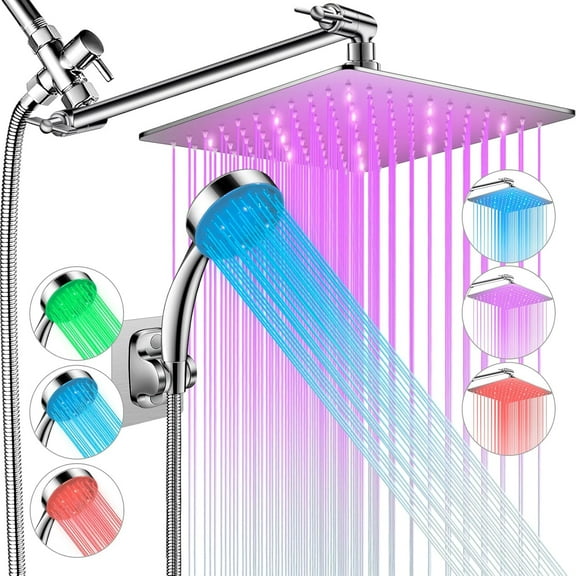 LED Shower Head with High Pressure 10'' Rain Shower Head, 11'' Adjustable Extension Arm, Color Changing Based On Water Temperature, Stainless Steel, 60'' Hose, Chrome
