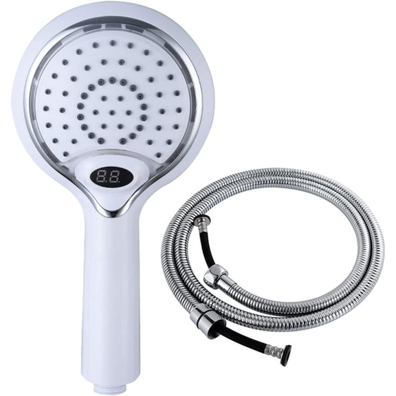 LED Shower Head with Temperature Display and Hose, Rainfall 3 Colors Changing High Pressure Spray ABS Hand Held Showerhead for Dry Skin and Hair,White