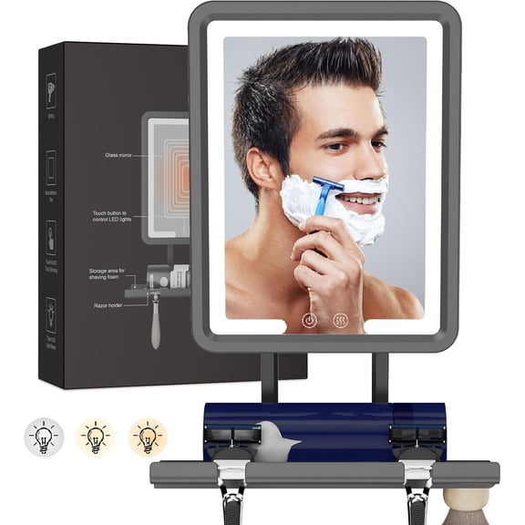 LED Shower Mirror Fogless for Shaving - Heated Fog Free, 3 Dimmable Lights, 360 Adjustable, Rechargeable, Drill Free with Storage Tray, Razor & Brush Holders,Gifts Men