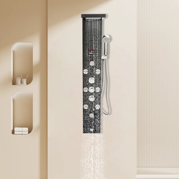 LED Shower Panel Tower System, Black Waterfall Shower Head Set with Digital Display for Bathroom