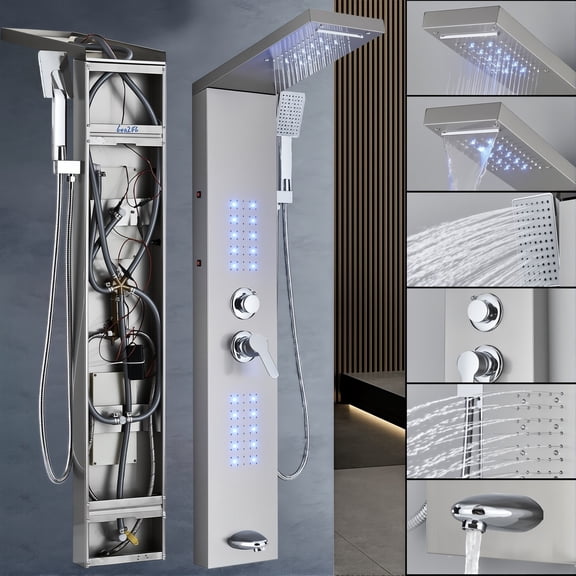LED Shower Panel Tower System Massage Jet Shower Faucet Mixer Tap Brushed Nickel For Daily Life