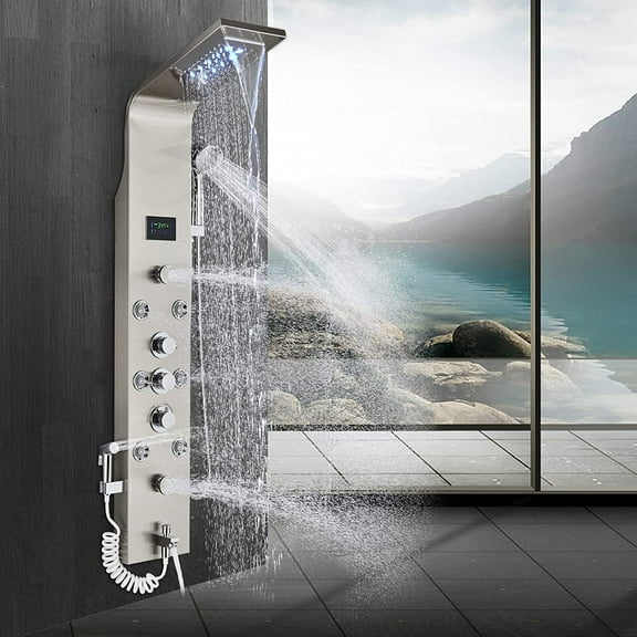 LED Shower Panel Tower System Multifunctional Shower Heads with Rain Massage Full Body Shower Jets Tub Spout Handheld Shower Wall Mounted Shower Panel Brushed Nickel
