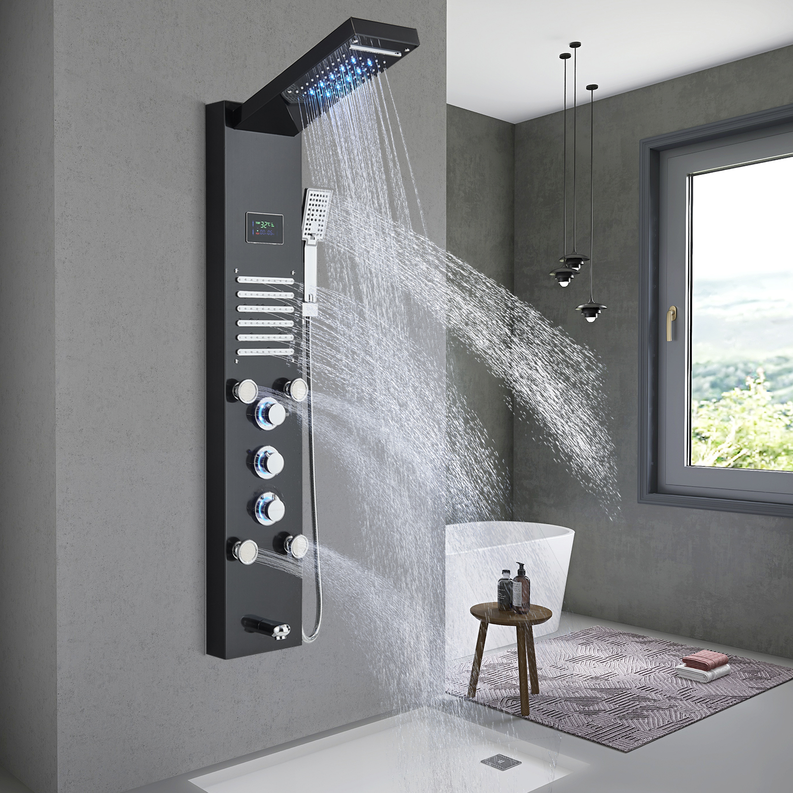 YAGATAP LED Rain & Waterfall Shower Panel Tower - Matte Black, Massage Jets, Hand Spray, 45"