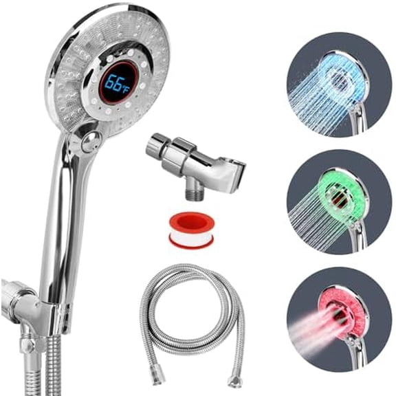 LED Shower head with Temperature Display, High Pressure Shower Head with 59" Stainless Steel Hose, Temperature Display Sensor Light up with 3 , Water Saving Showerhead with Shower Adapter