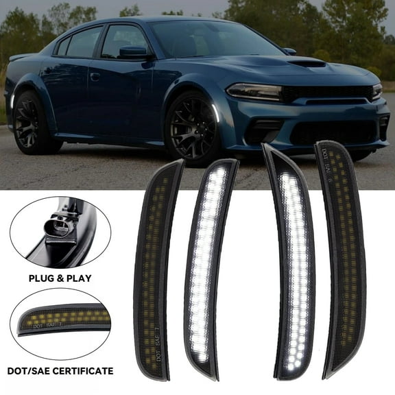 LED Side Marker Lights Compatible with Dodge Charger 2015-2023 Front Rear Bumper Marker Lamps Smoked Len, 4PCS (White Led)
