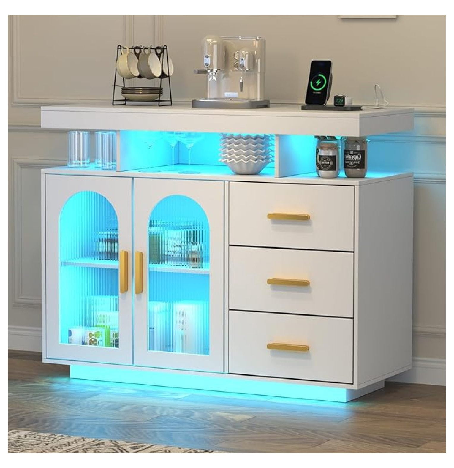 LED Sideboard Buffet Cabinet with Charging Station, Wine Cabinets with ...