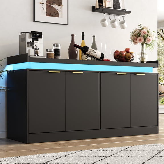 LED Sideboard Buffet Cabinet with Storage, 63'' Large Kitchen Buffet Cabinet Storage Cabinets with 4 Doors, Wood Coffee Bar Cabinets Buffet Table for Kitchen, Dining Room, Entryway, Black