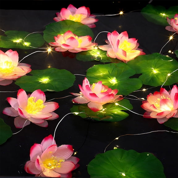 LED Simulated Lotus Flower Light String 2m 20 Lights, Battery Powered Pond Garland, Warm White for Wedding Party