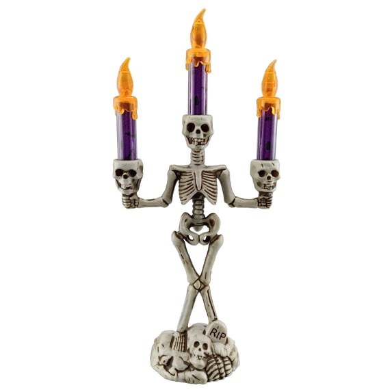 LED Skeleton Candelabra with Colored Flameless Candles – Purple and White Halloween Tabletop Decor with Flickering Lights