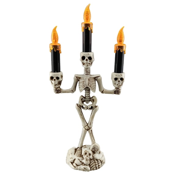 LED Skeleton Candelabra with Colored Flameless Candles – White and Black Halloween Tabletop Decor with Flickering Lights