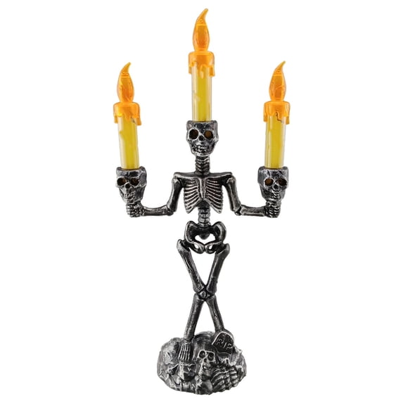 LED Skeleton Candelabra with Colored Flameless Candles – Yellow and Black Halloween Tabletop Decor with Flickering Lights
