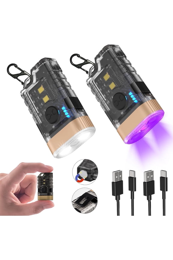 LED Small Powerful EDC Flashlight, 365nm UV Black Light, Mini Led Flashlight High LM, USB C Rechargeable Keychain Flash Light with Clip, Tail Magnet, 9 Modes, Waterproof Pocket Flashlights 2 PC