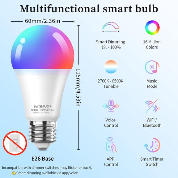 LED Smart Light Bulbs, Color Changing Dimmable & Timing Smart WiFi and Bluetooth Bulb, Compatible with Alexa and Google Assistant, RGBWW A19, 9W 800 Lumens, Music Sync, Voice Control (4 Pack)