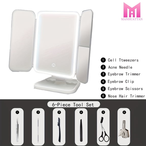 LED Smart Multifunctional Makeup Mirror, Comes with a Cleansing Tool, Features a Diamond Checkered Design, Adjustable Angles, USB Charging, And Includes a Storage Tray at The Bottom.