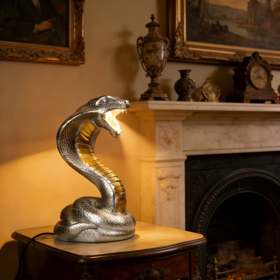 LED Snake Lamp with Cobra Sculpture, 9.37 in Silver Table Lamp for Bedroom Decor