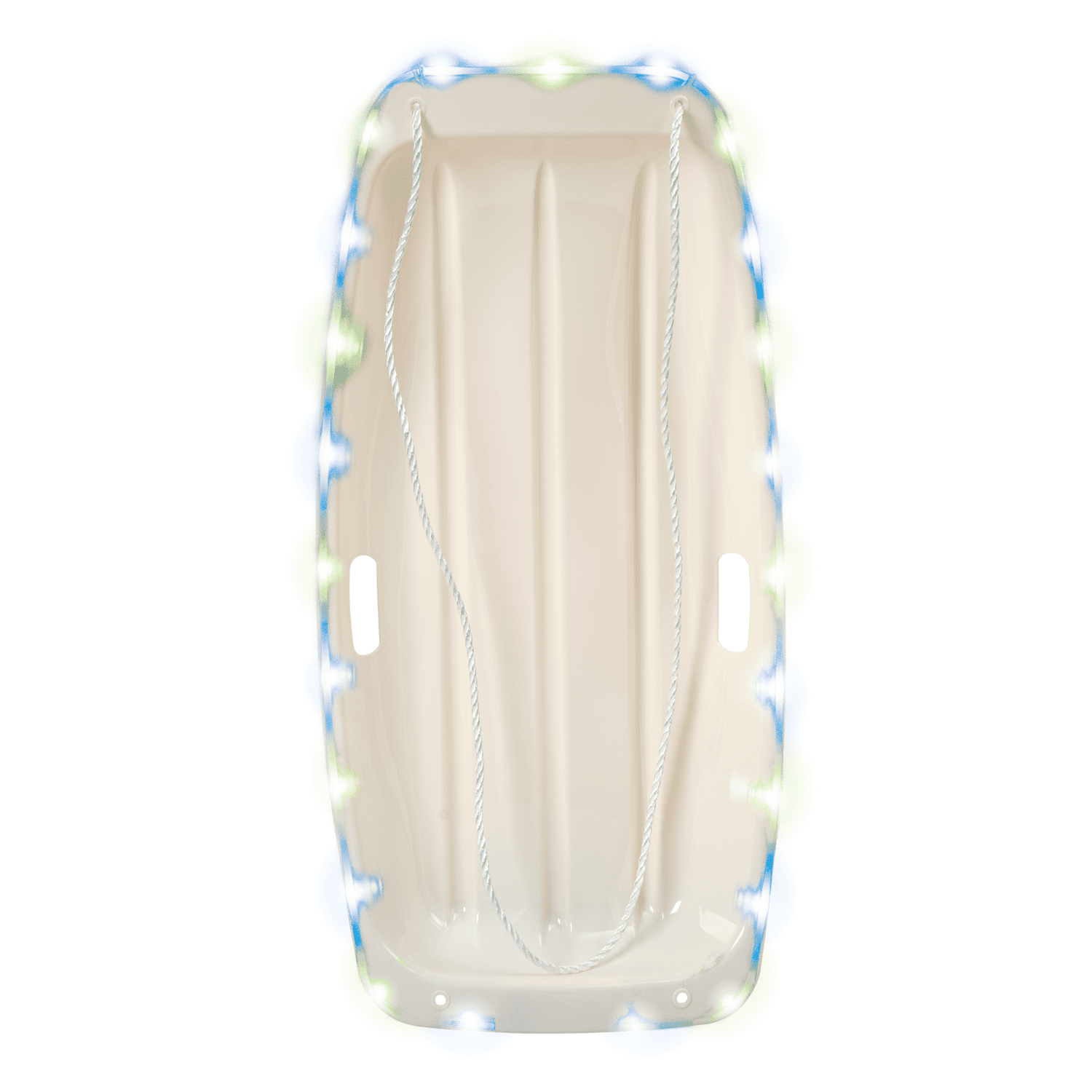 LED Snow Toboggan Sled with Tow Rope, White Plastic with LED Lights