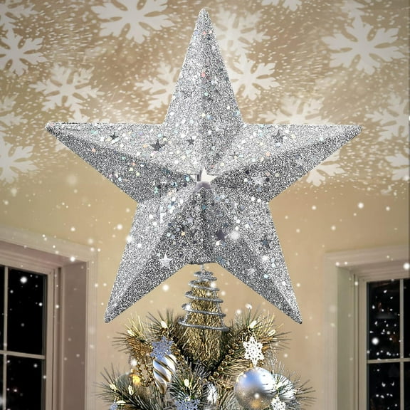 LED Snowflake Projector Star Christmas Tree Topper, 11.3 Inch Silver Glittered Star Treetop Lighted Rotating Snow Flake for Christmas New Year Holiday Decoration, Night Light Projector for Kids