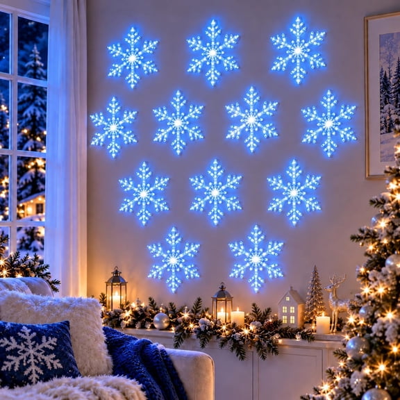 LED Snowflake Wall Lights 12 Pack, 3D Acrylic Christmas Snowflake Lights with Remote, Blue White Decor for Bedroom Window (12 Pack, Blue White)