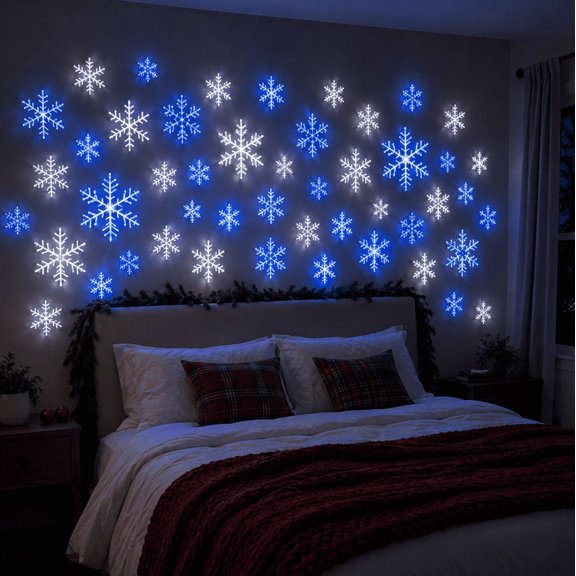 LED Snowflake Wall Lights Set of 12, Blue & White Mix Remote Controlled Glowing Snowflake Decor, Peel and Stick Wall Window Ceiling Christmas Lights, Icy Blue Cool White Color Changing Winter Decor