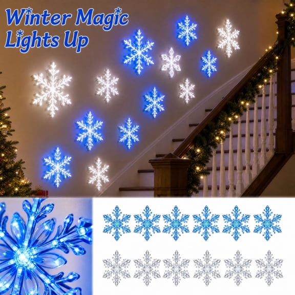 LED Snowflake Wall Lights Set of 12, Blue & White Mix Remote Controlled Glowing Snowflake Decor, Peel and Stick Wall Window Ceiling Christmas Lights Winter Decor