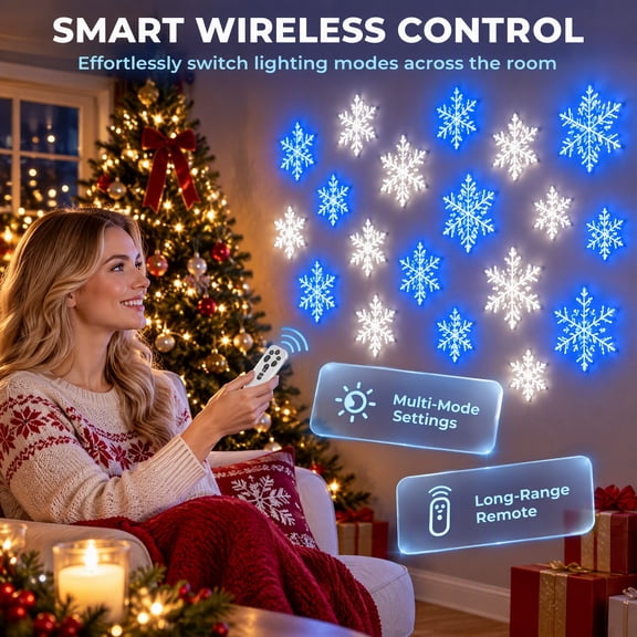 LED Snowflake Wall Lights Set,12 Pack Christmas Glowing Snowflake Decor Lights,6 Blue & 6 White 3D Crystal Silhouette Lights with Remote,Battery Powered for Winter Indoor Wall Window Decor