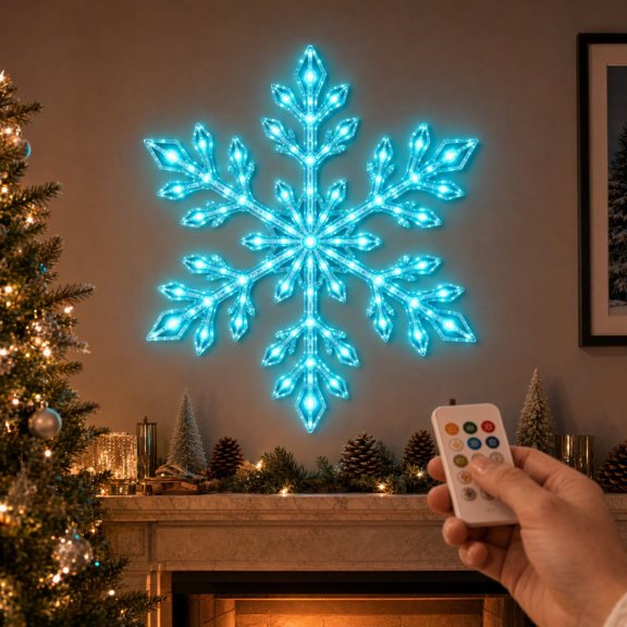 LED Snowflake Wall Set, Blue & White Mix Remote Controlled Glowing Snowflake Decor, Battery Operated, Peel & Stick Wall Window Ceiling Christmas Lights Decorations, 1Pc 3.9"