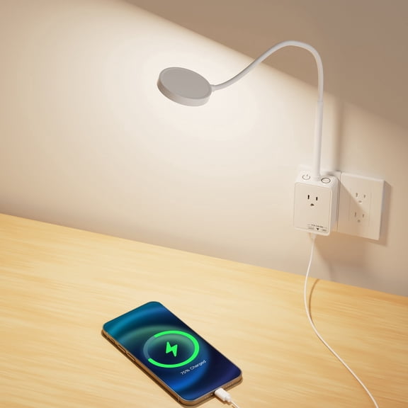 Plug In LED Bedroom Kitchen Wall Lamp, White Flexible LED Dimmable Reading Light with Power Plug Outlet Extender for Reading Books in Bed, 3 Lighting Colors, USB Output Charging Ports