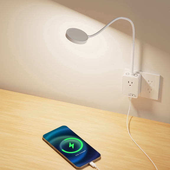 Plug In LED Bedroom Kitchen Wall Lamp, White Flexible LED Dimmable Reading Light with Power Plug Outlet Extender for Reading Books in Bed, 3 Lighting Colors, USB Output Charging Ports