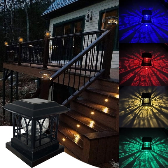 LED Solar Column Cap Light IP65, Warm White+RGB Cracked Glass Head for Outdoor Garden Fence & Courtyard Pillar