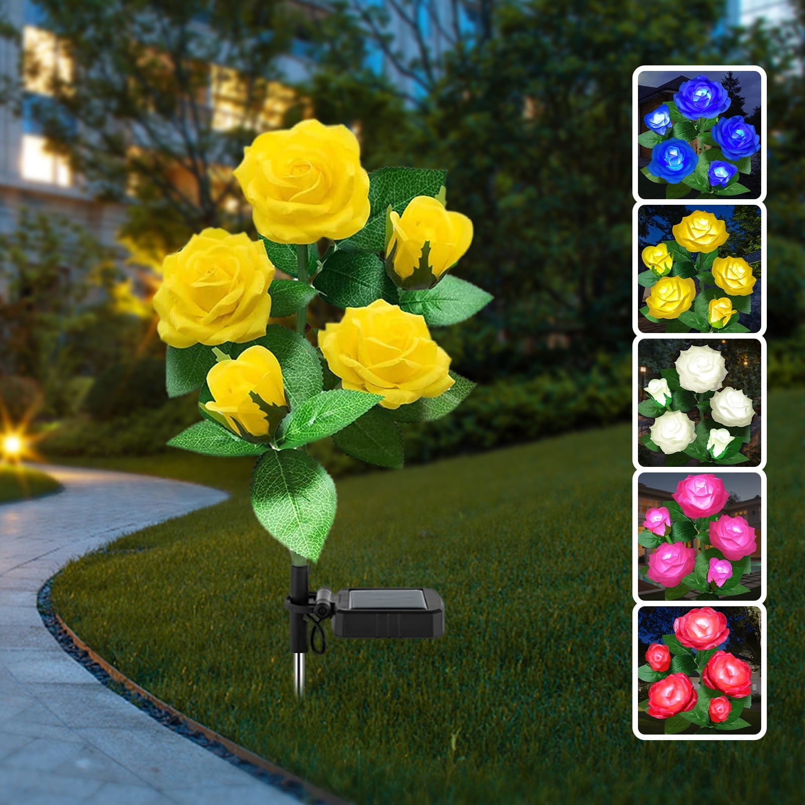 Syenll Solar Garden Light Outdoor, Solar Flower Lights with 5 Rose Flowers, LED Waterproof Solar Lights for Patio Yard Pathway, Yellow