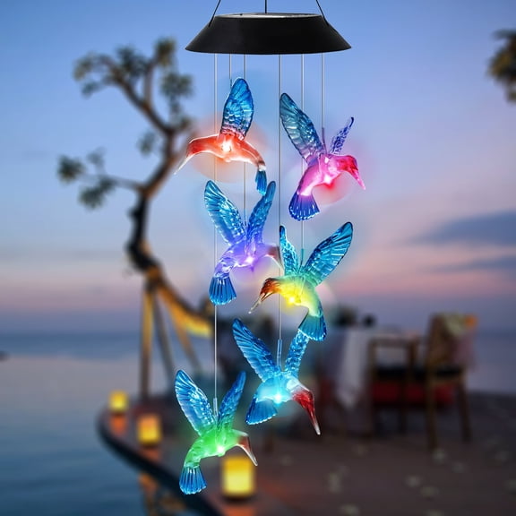 LED Solar Hummingbird Wind Chime, 25In Mobile Hanging Wind Chime for Home Garden Decoration, Automatic Light Changing Color, Solar Blue Hummingbird Wind Chime Lights for Garden Patio Yard