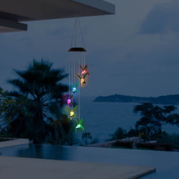 LED Solar Hummingbird Wind Chime 6 LEDs Color-Changing String Lights IP65 Waterproof Decorative Lamp for Home Garden Fence Party