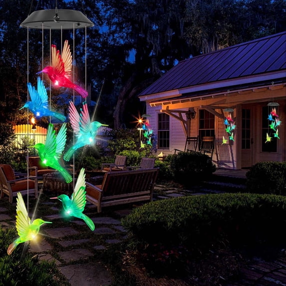 LED Solar Hummingbird Wind Chime,Outdoor Waterproof Solar Powered Lights Automatic Light Changing Color,Hanging Wind Chime for Garden Yard Decor,Gift for Women Mom Grandma