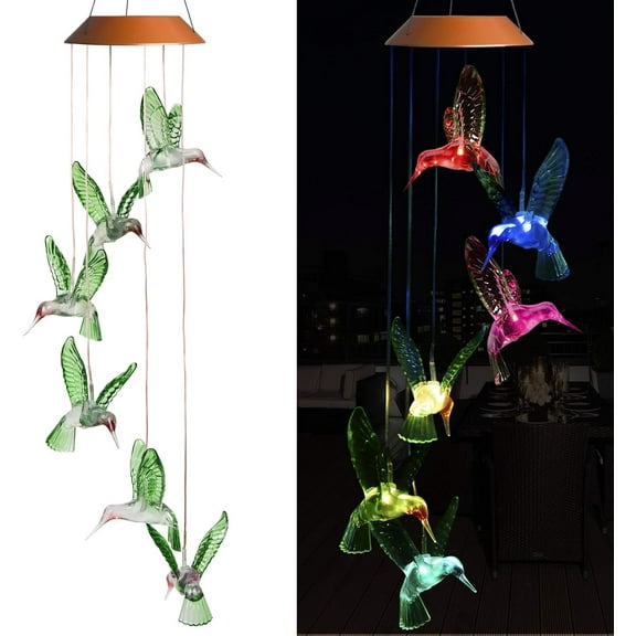 LED Solar Hummingbird Wind Chimes Outdoor - Waterproof Mobile Changing Light Color Wind Chime, Six Hummingbirds LED Wind Chimes for Home, Xmas Mom Gifts, Party, Festival Decor, Night Garden Decoration