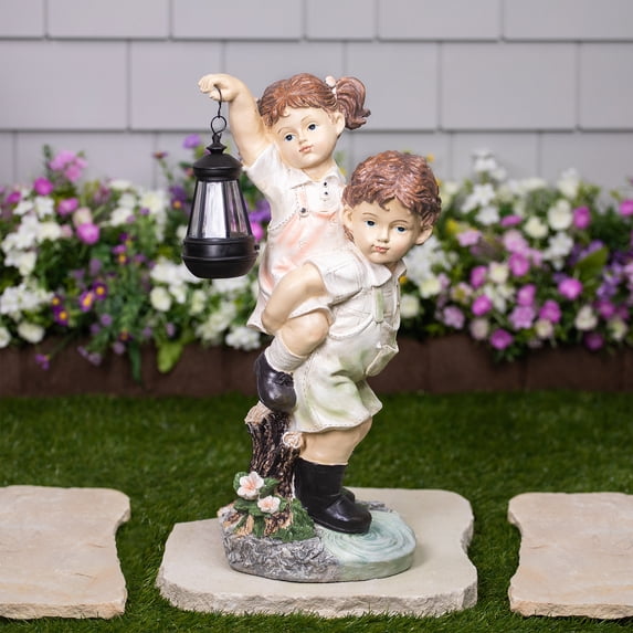 Northlight LED Solar Lighted Boy and Girl with Lantern Outdoor Garden Statue - 19.5"