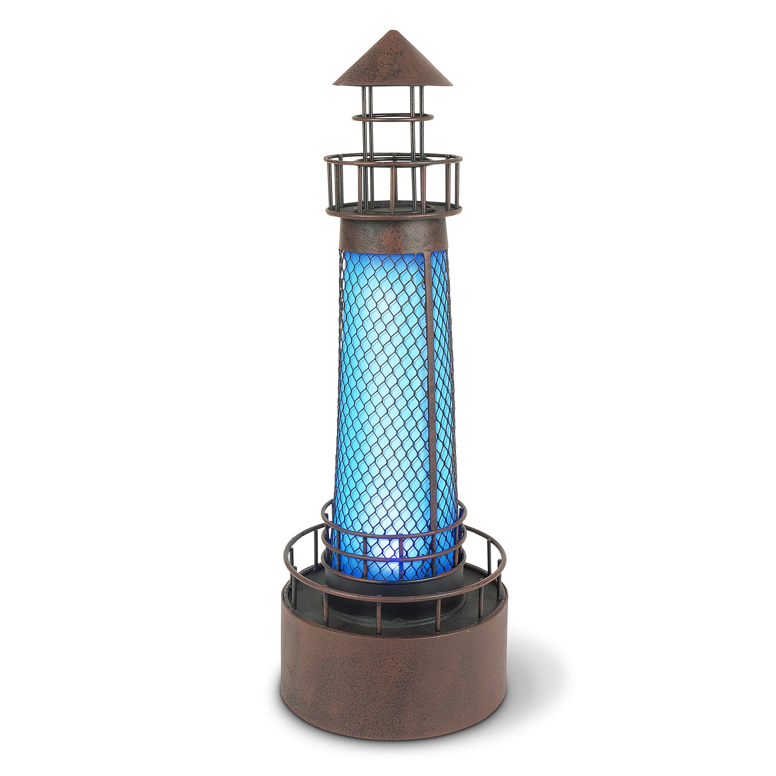 21-inch Blue Solar LED Metal Lighthouse with Rustic Finish