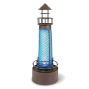 LED Solar Lighthouse with Brown Rustic Finish. Blue with Wire Mesh Accents Measuring 7.1 in X 7.1 in X 20.9 in. Rechargeable AA Battery (1).