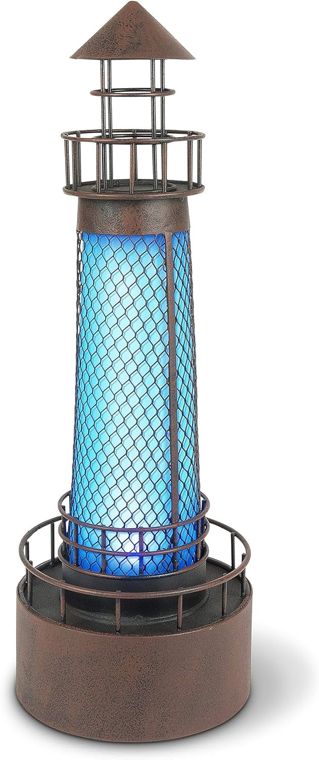 LED Solar Lighthouse with Brown Rustic Finish. Blue with Wire Mesh ...